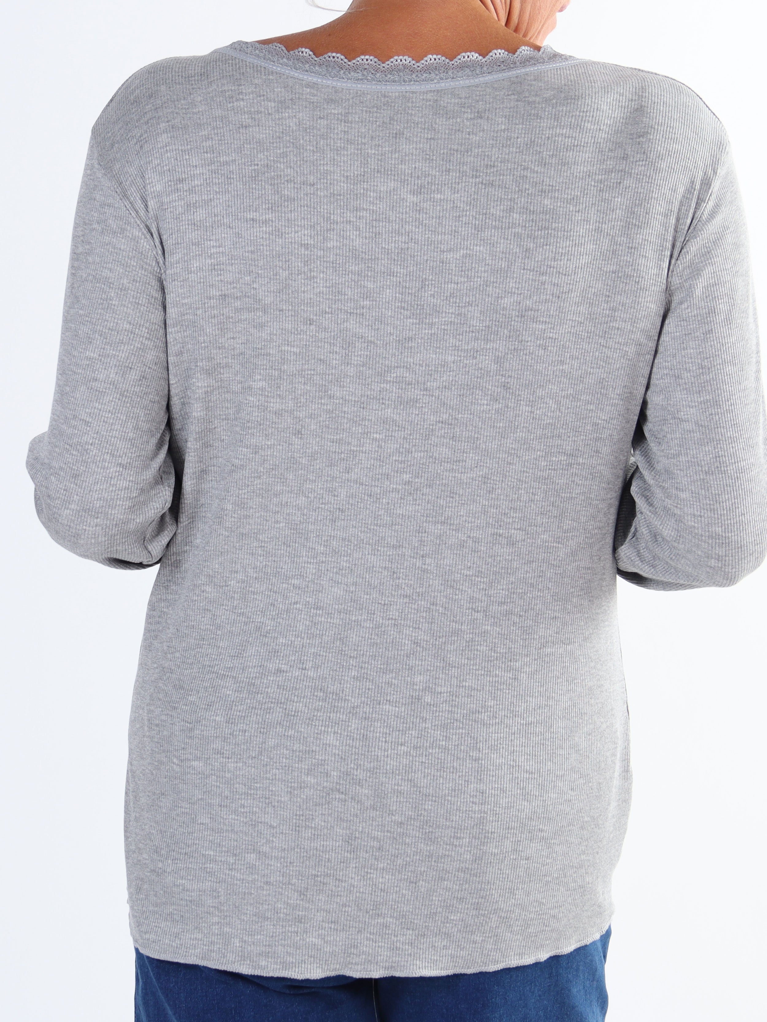 Ibina Long Sleeve - Plus size bluse med rib og blondekanter